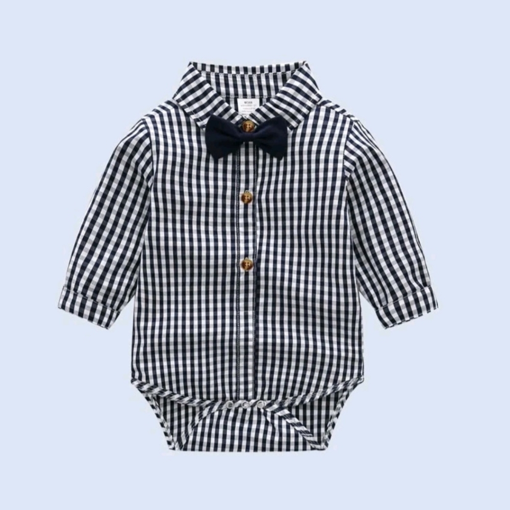 Toddler Boy Long Sleeve Bodysuit Button-up Shirt Size 18-24M Navy Blue Checkered